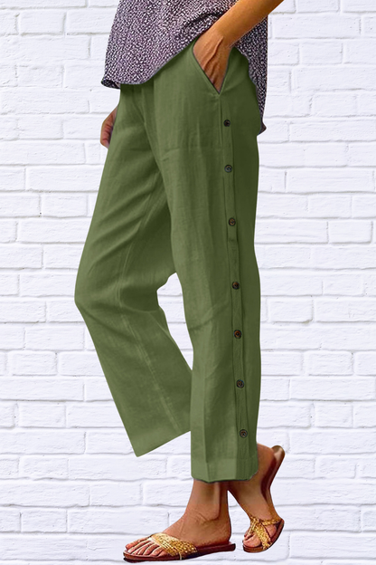 Full Size Side Decor Button Casual Wide Leg Pants Plus Size Green