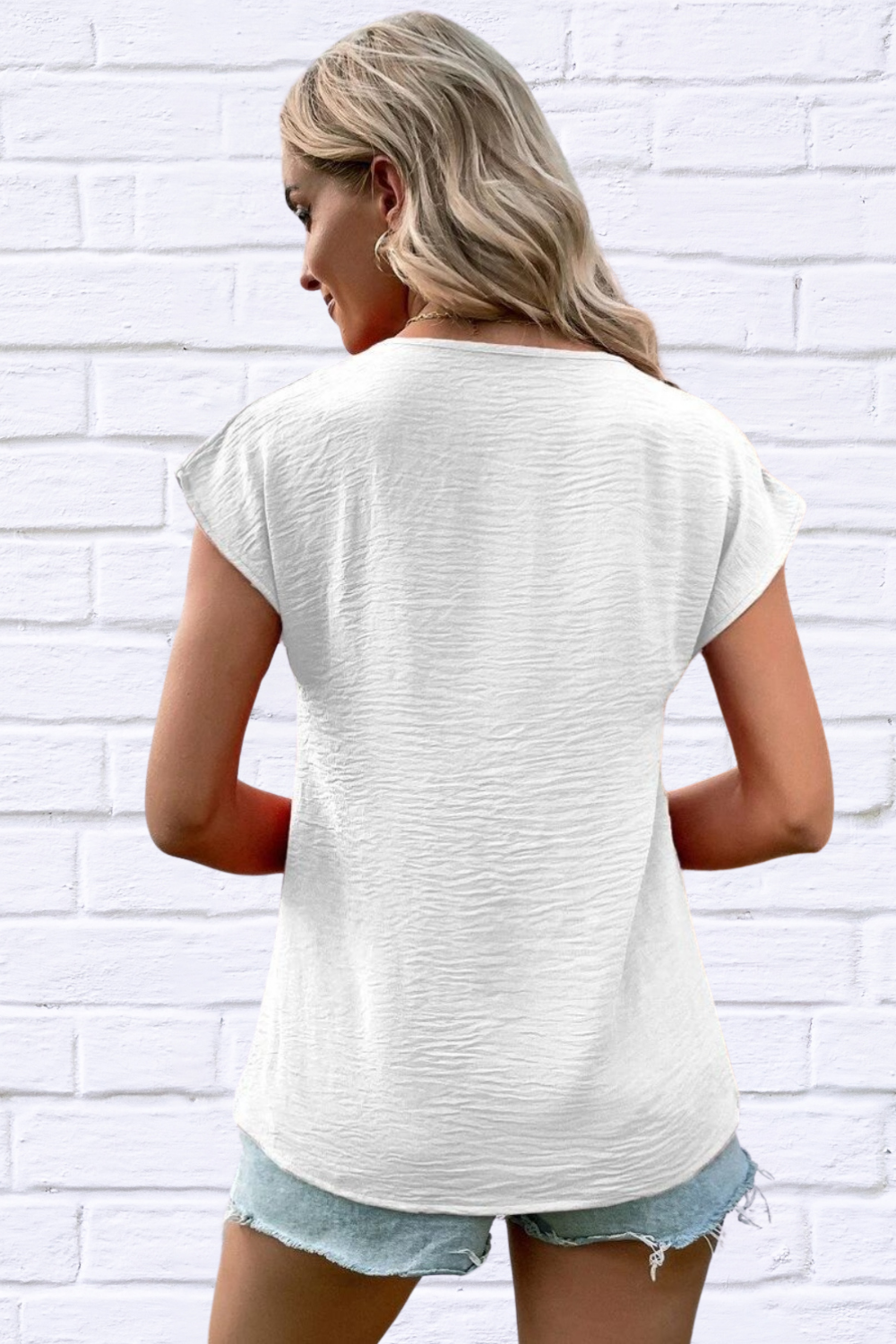 Decorative AirFlow Button V-Neck Short Sleeve Blouse