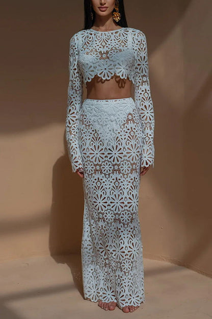 Crochet Lace Cover-up Crop Top and Maxi Skirt Vacation Set