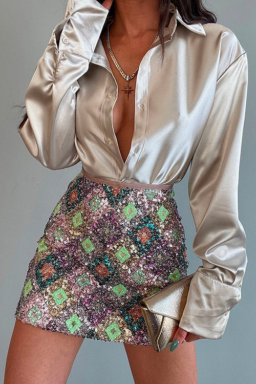 Chic Long Sleeves Button Down Satin Bouse Shirt
