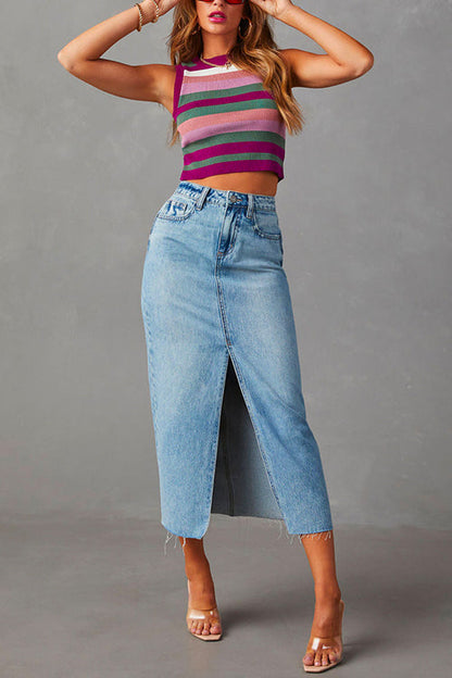 High Rise Raw Hem Slit Front Denim Midi Skirt