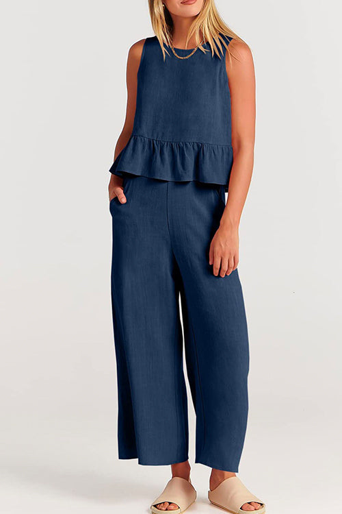 Crewneck Ruffle Tank Top Wide Leg Pockets Pants Set DarkBlue