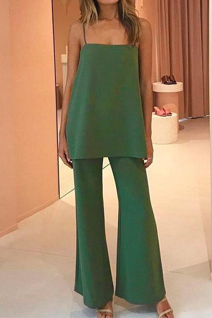 Solid Cami Top Wide Leg Pants Set Green
