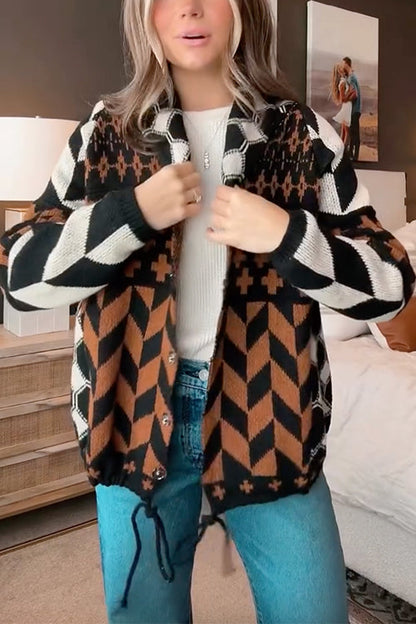 Button Down Drawstring Hem Geometric Pattern Sweater Cardigan