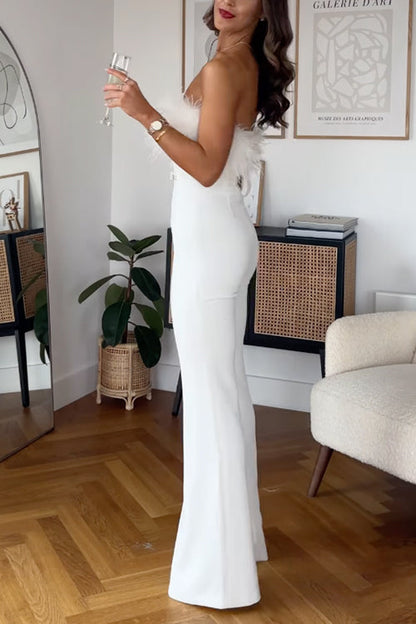 Strapless Feather Tube Top Flare Bottoms Jumpsuit