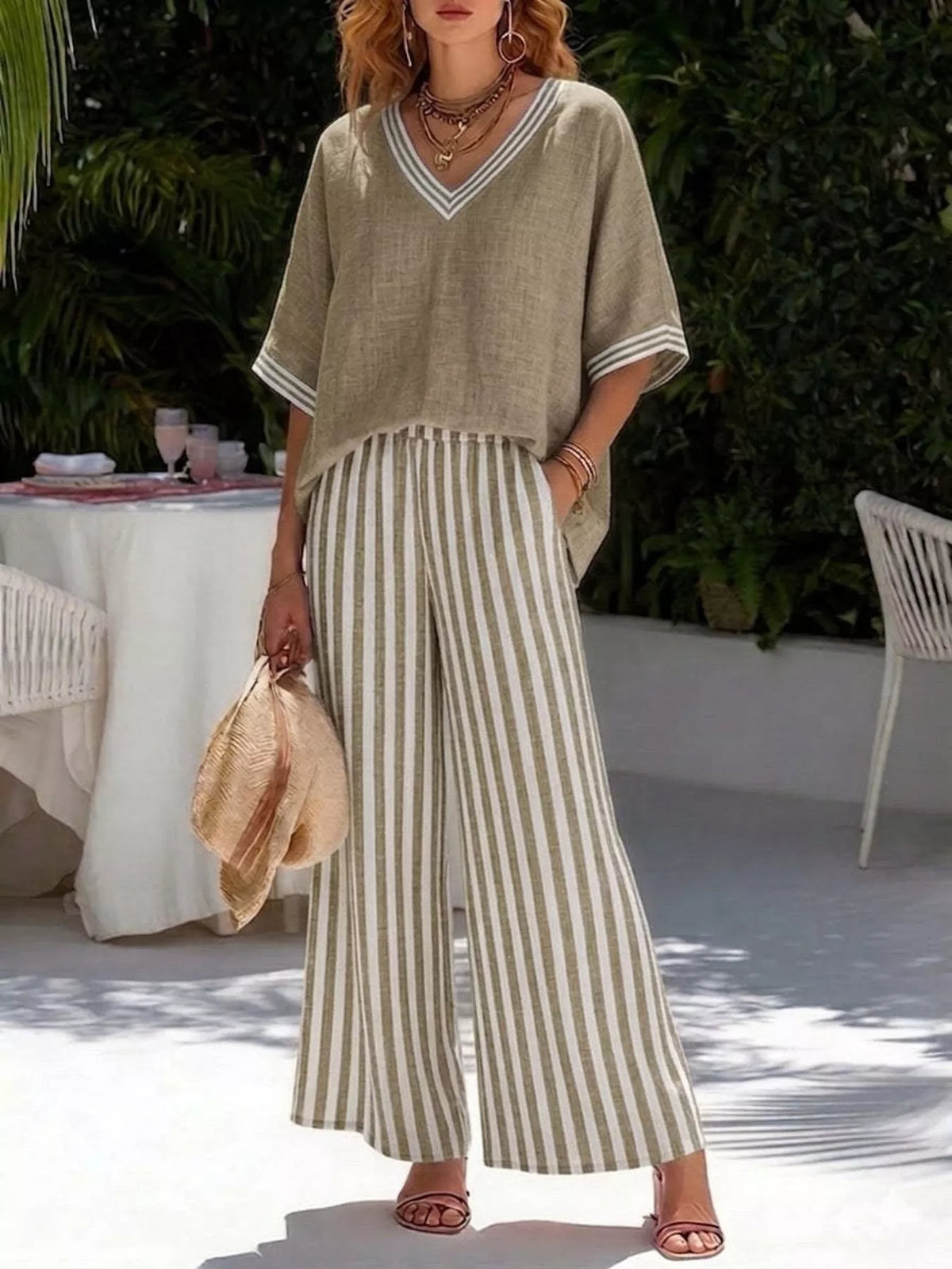 Striped Two-Piece Pants Set with V-Neck Top | S–3XL