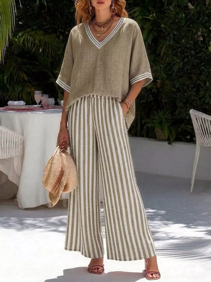 Striped Two-Piece Pants Set with V-Neck Top | S–3XL