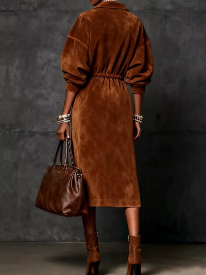 Drawstring Waist Zip-Front Midi Dress