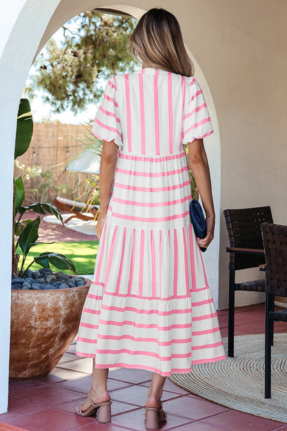 Pink Stripe Ricrac Trim Notched Neck Half Sleeve Vacation Dress