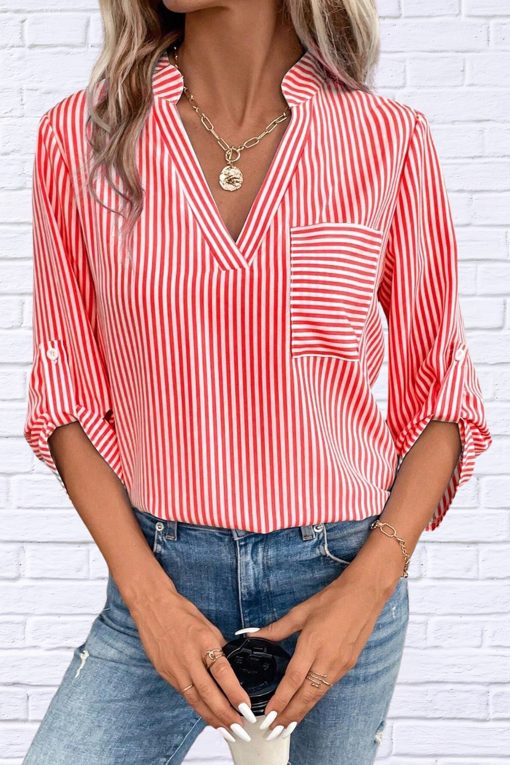 Striped Notched Roll-Tab Sleeve Shirt Red