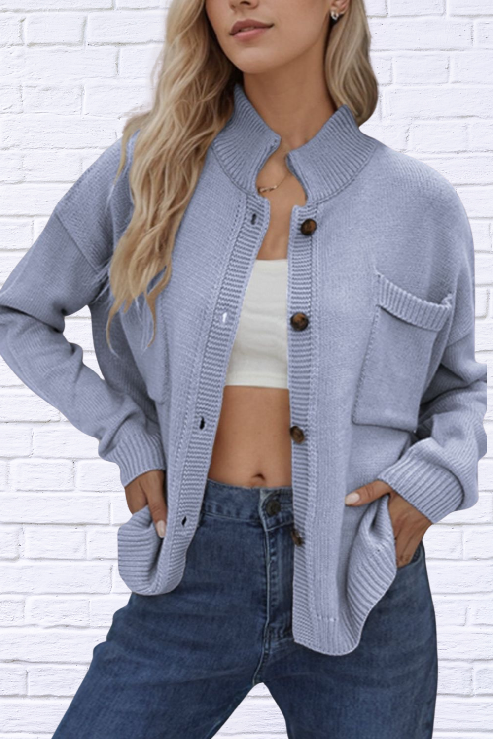 Button Up Long Sleeve Cardigan Light Blue XL
