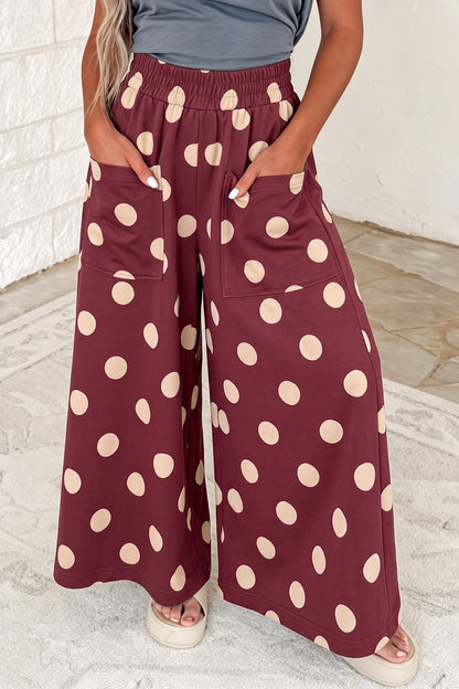 Sail Blue Polka Dot Wide Leg Elastic Waist Casual Pants
