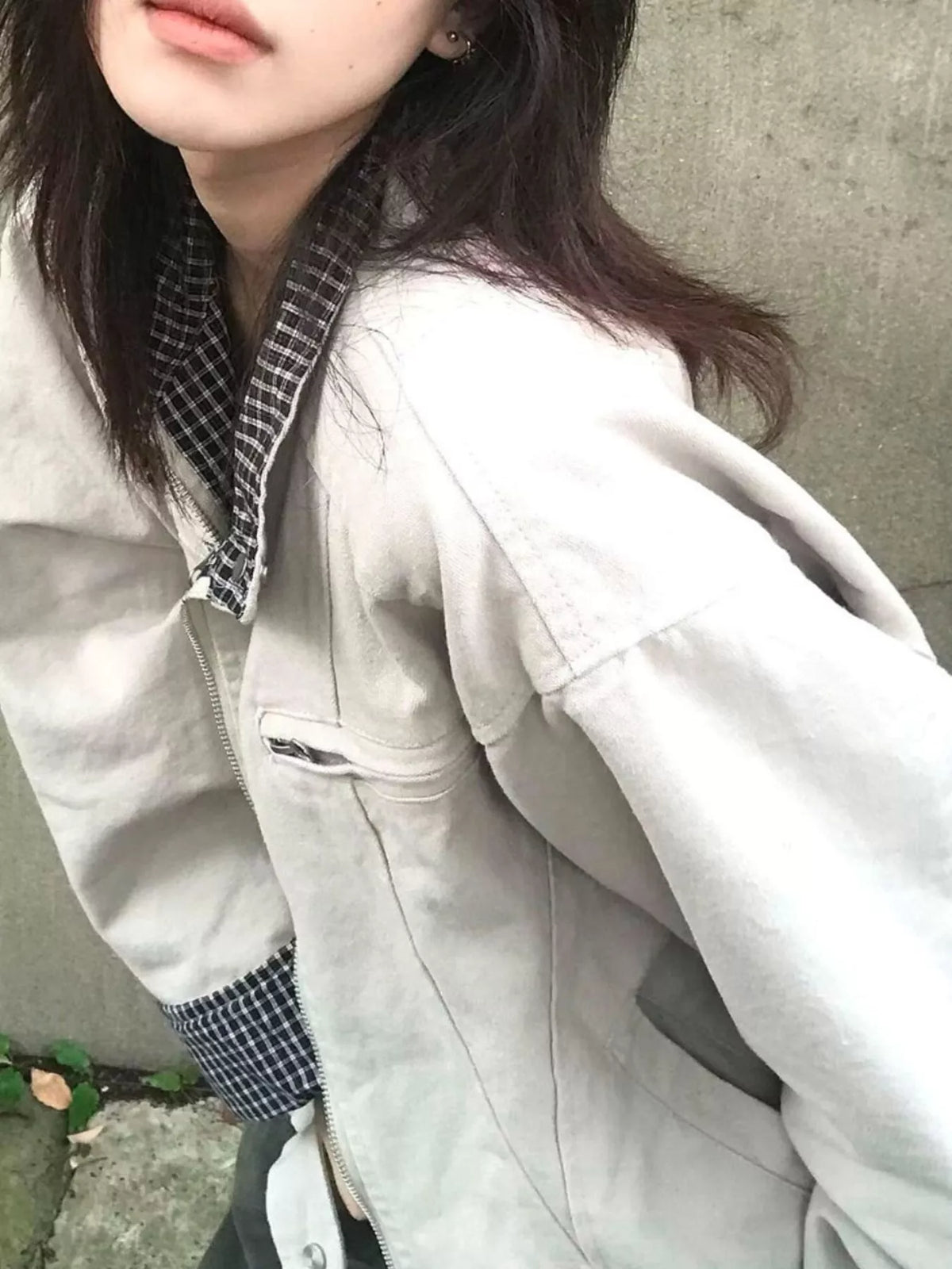 Contrast Plaid Cuffs Zip Up Jacket