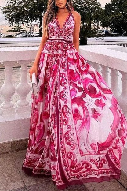 Halter V Neck Open Back Waisted Bohe Print Maxi Swing Dress HotPink