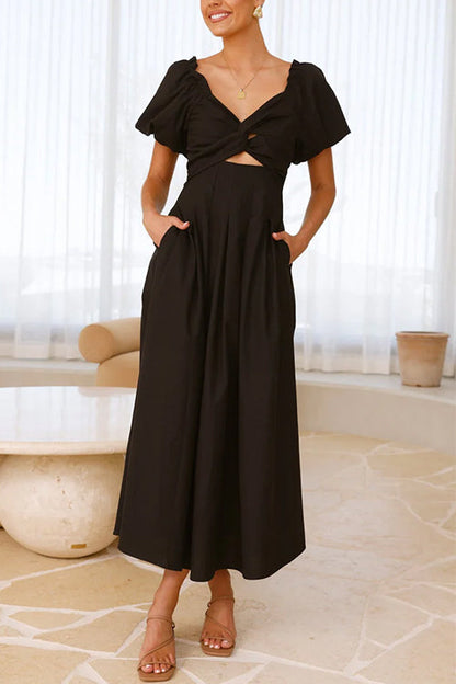 V Neck Twist Front Puff Sleeves Cut Out Maxi Dress