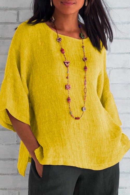 3/4 Sleeve Side Split Solid Cotton Linen Top Yellow