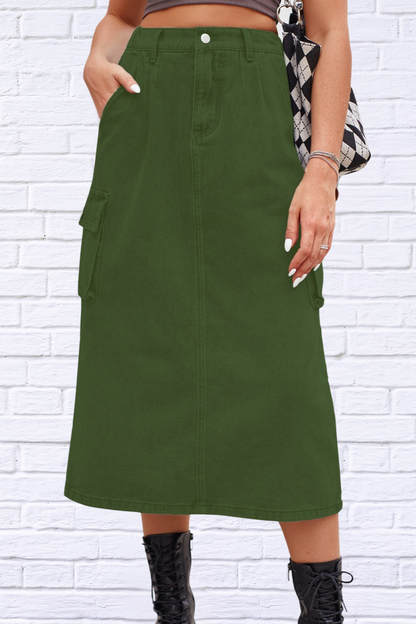 Slit Buttoned Denim Skirt with Pockets Army Green