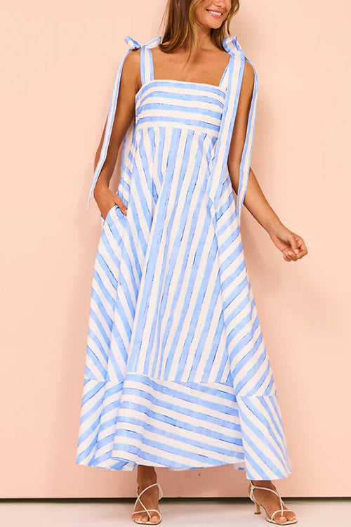 Pocketed Bow Shoulder Striped Swing Maxi Cami Dress