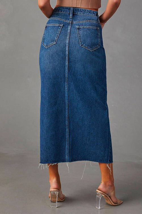High Rise Raw Hem Slit Front Denim Midi Skirt