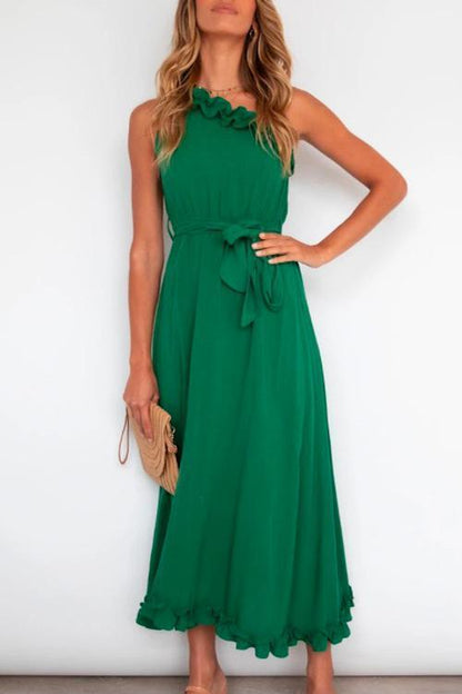 One Shoulder Sleeveless Tie Waist Ruffle Swing Dress Green