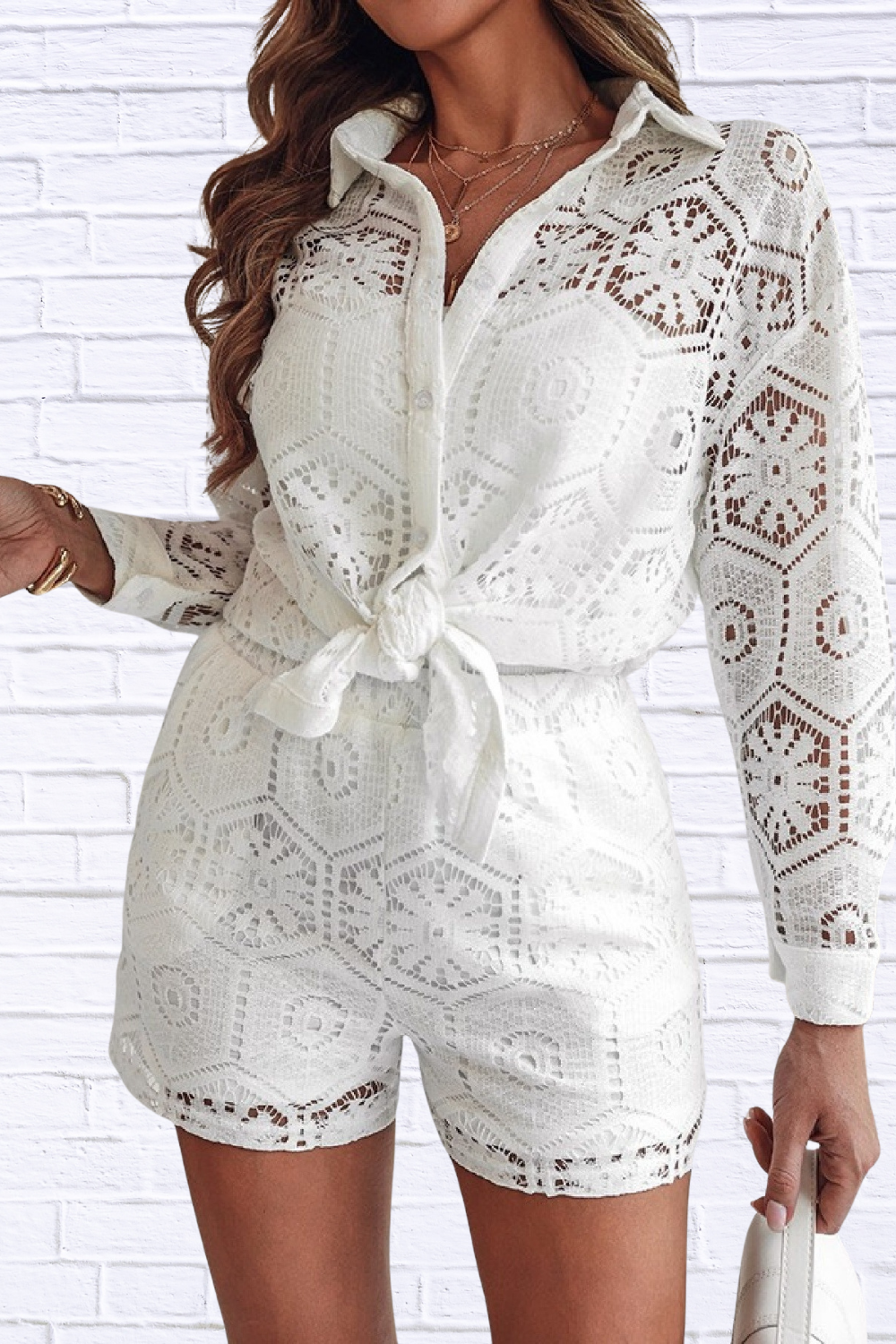 Lace Button Up Shirt and Shorts Set
