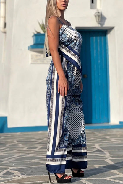 Tie Knot Backless Cami Top Wide Leg Pants Printed Set