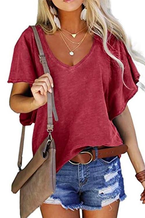 V Neck Ruffle Sleeves Loose T Shirt Burgundy
