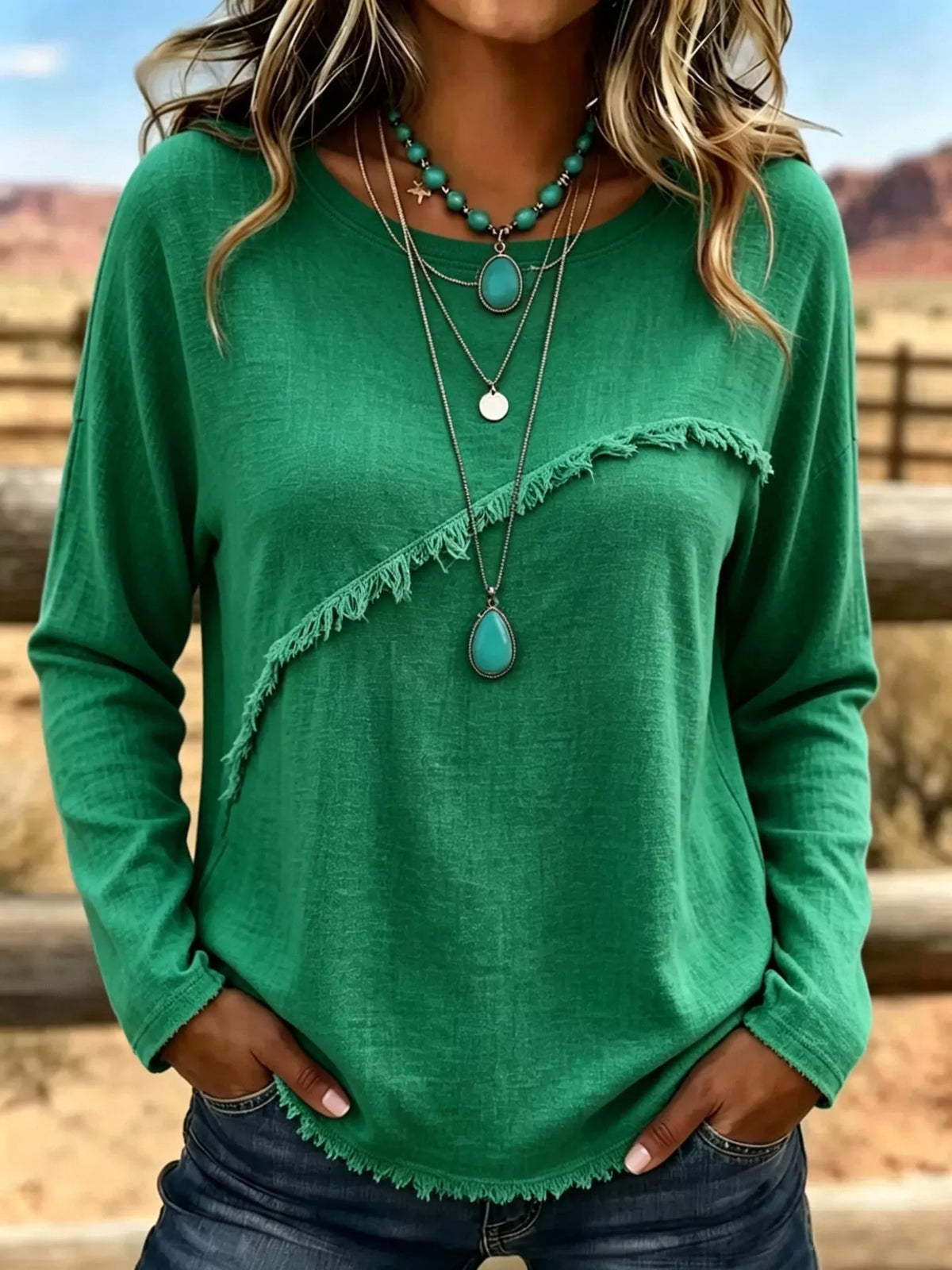 Plus Size Fringe Long Sleeve Top | Relaxed Casual T-Shirt