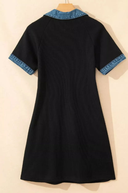 Casual Denim Trim Button-Down Mini Dress