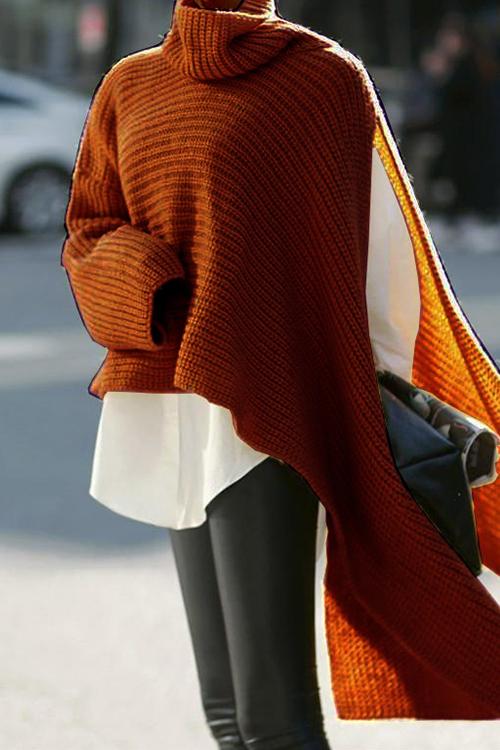 Turtleneck Asymmetric Slit Sleeve Ribbed Knit Sweater BrickRed