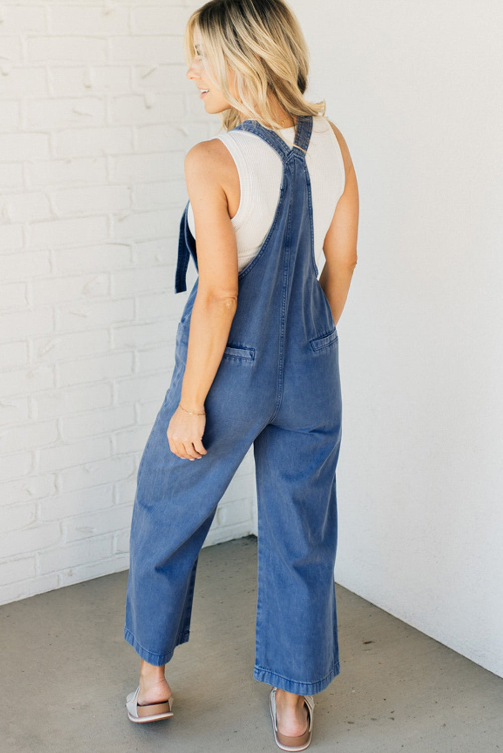 Prussian Blue Mineral Wash Knotted Strap Patched Pocket Wide Leg Denim Overall