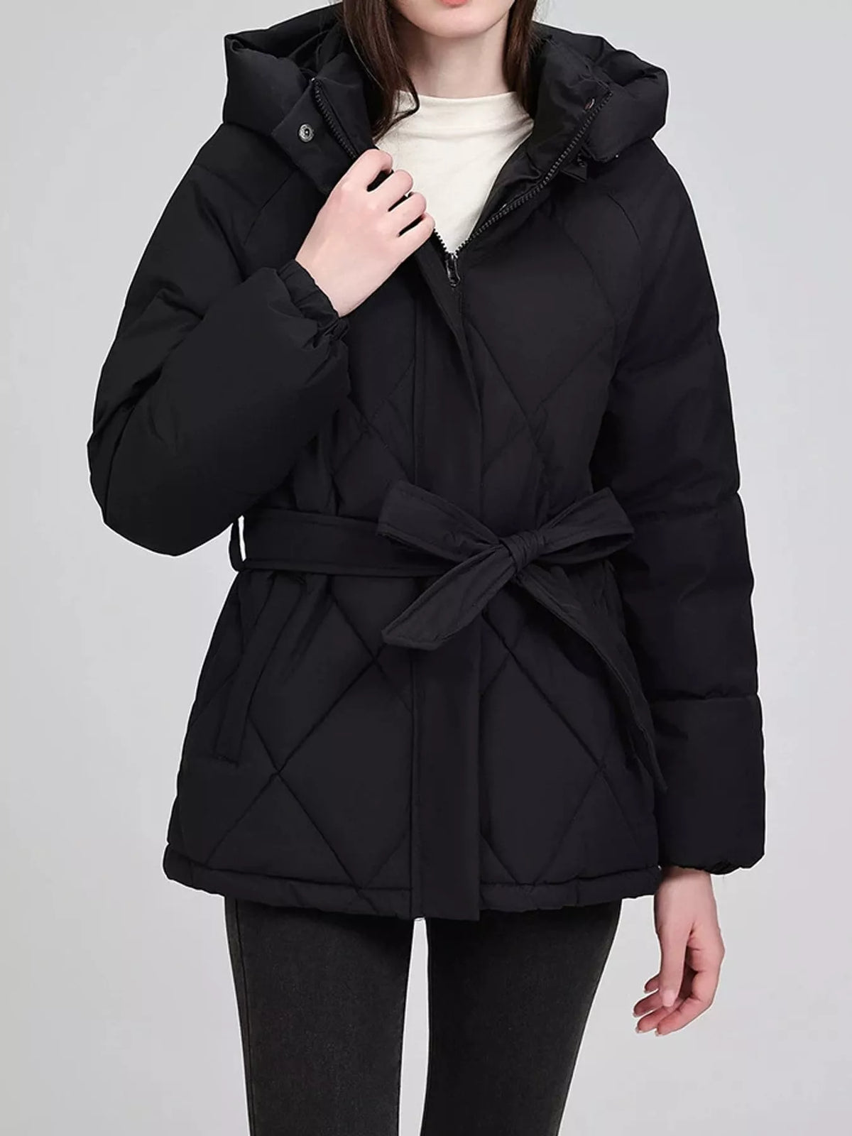 Quilted Waist Belt Hooded Puffer Outerwear