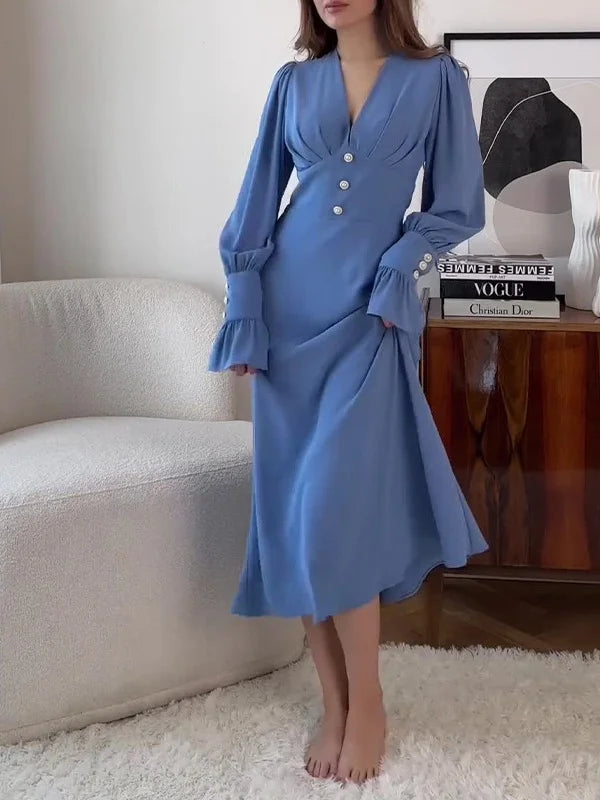 V-Neck Slim Sexy Dress Blue