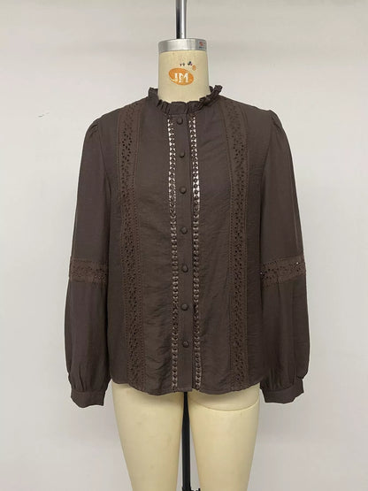Eyelet Lace Trim Long Sleeve Blouse
