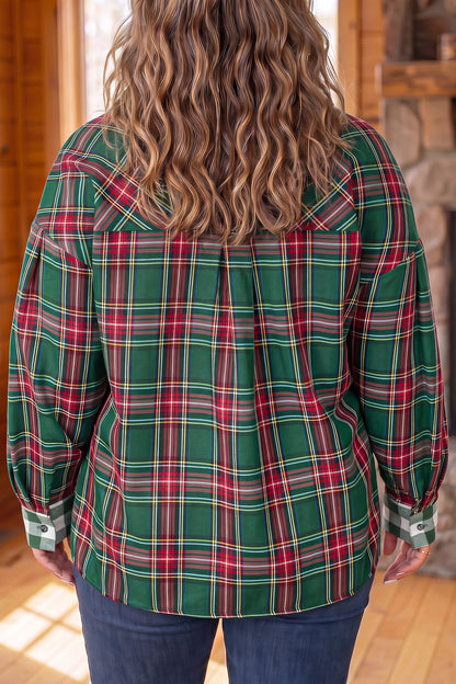 Green Plaid Long Sleeve Shift Plus Size Shirt