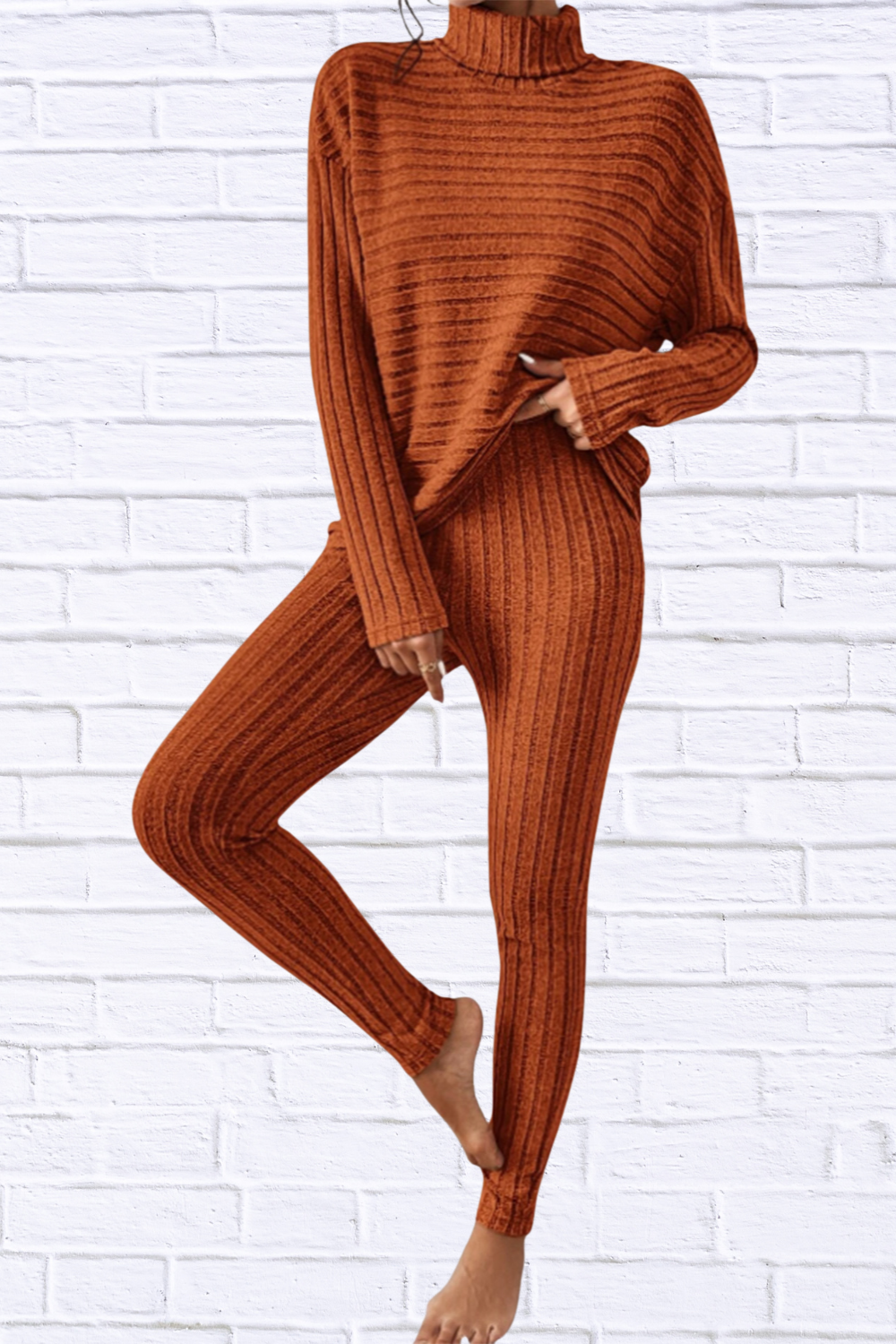 Ribbed Turtleneck Top and Pants Set Caramel