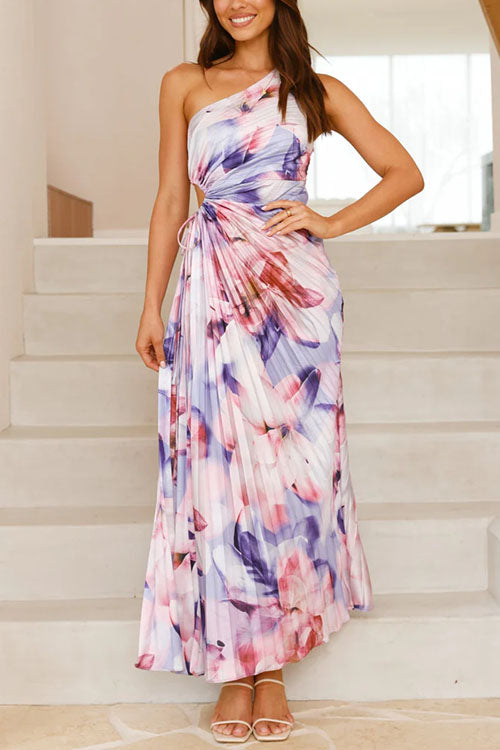 One Shoulder Sleeveless Cut Out Floral Print Pleated Maxi Dress