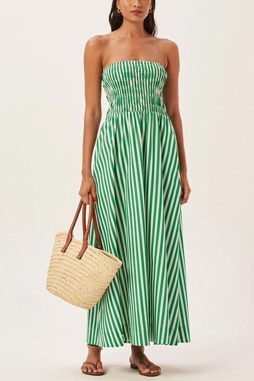Strapless Smocked Tube Striped Maxi Dress Green