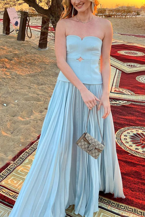 Strapless Tube Cut Out Pleated Maxi Swing Dress LightBlue