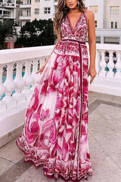 Halter V Neck Open Back Waisted Bohe Print Maxi Swing Dress