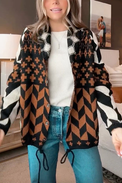 Button Down Drawstring Hem Geometric Pattern Sweater Cardigan