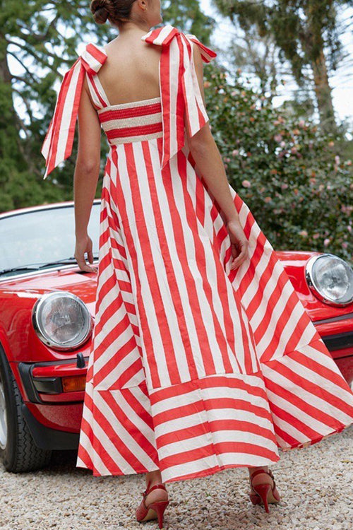 Pocketed Bow Shoulder Striped Swing Maxi Cami Dress