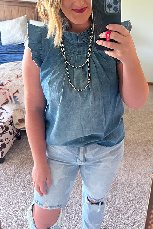 Mockneck Flutter Sleeves Ruched Denim Top LightBlue
