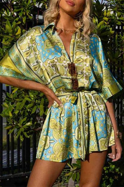 Button Up Tie Waist Paisley Print Romper