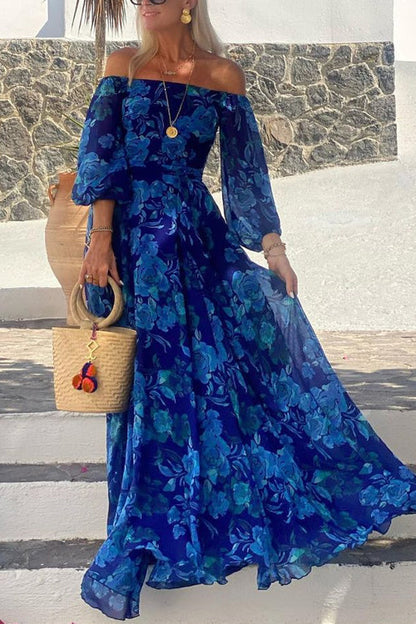 Off Shoulder Waisted Floral Maxi Swing Dress