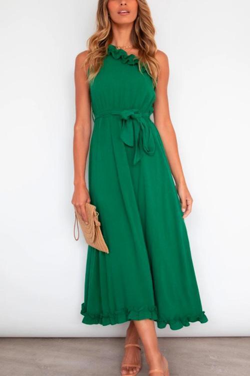 One Shoulder Sleeveless Tie Waist Ruffle Swing Dress