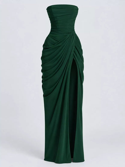 Elegant Strapless Ruched High-Slit Evening Dress