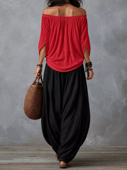 Full Size Off-Shoulder Top and Wide-Leg Harem Pants Set Plus Size
