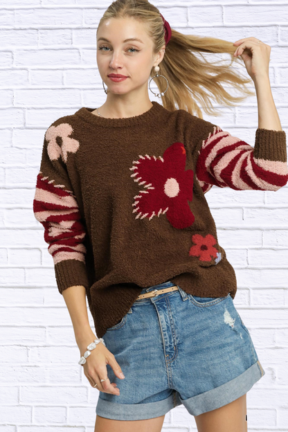 Flower Jacquard Striped Long Sleeve Sweater Mocha M