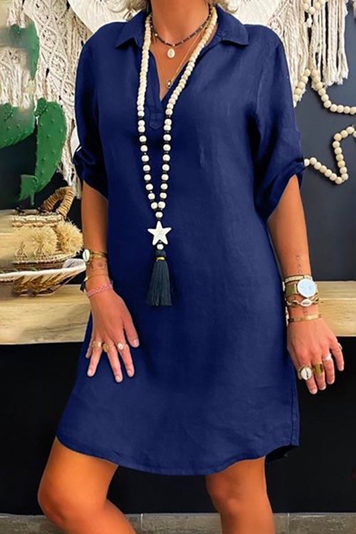 Lapel V Neck Roll Up Sleeve Shirt Dress Blue